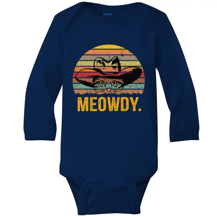 Meowdy Funny Mashup Between Meow And Howdy Love Cat Meme Baby Long Sleeve Bodysuit