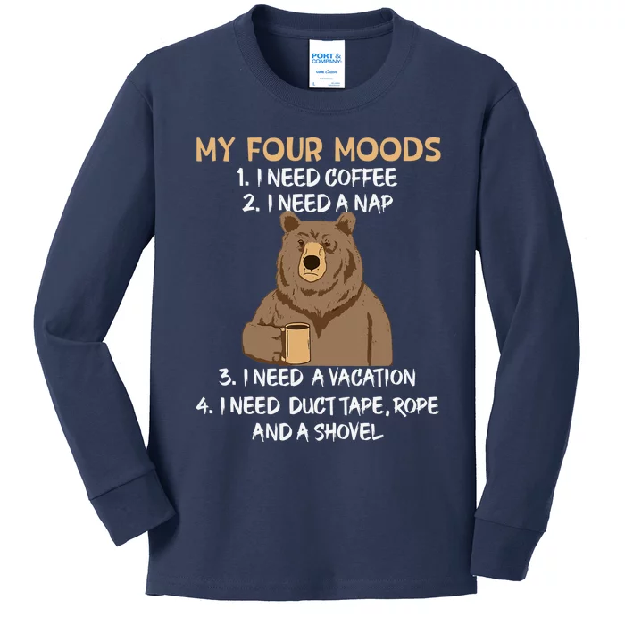 My Four Moods I Need Coffee I Need A Nap Bear Coffee Lover Kids Long Sleeve Shirt