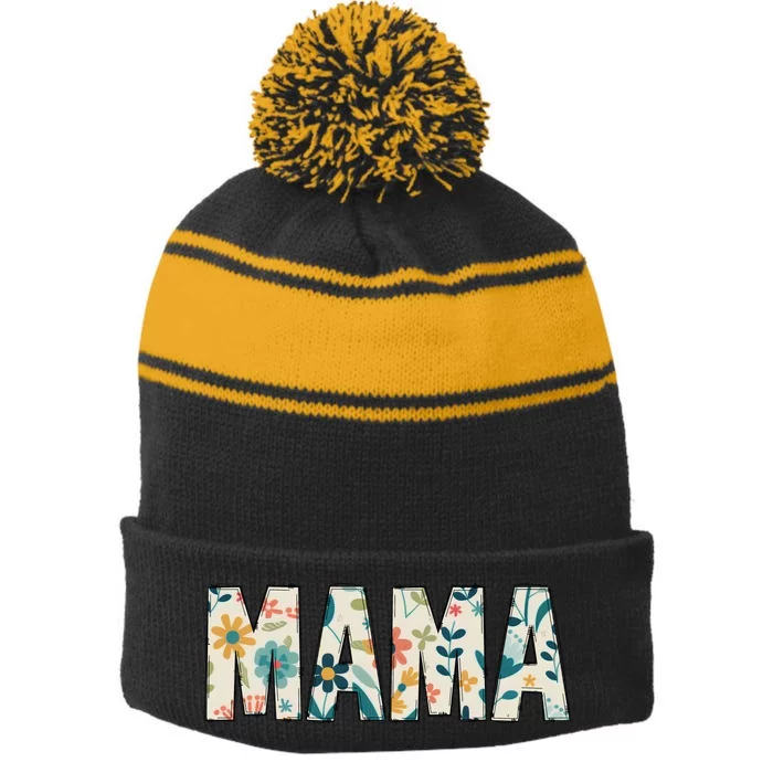 Mama Floral Stripe Pom Pom Beanie