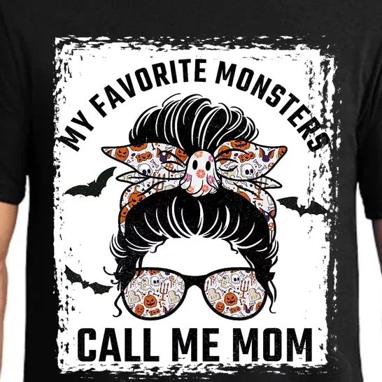 My Favorite Monsters Call Me Mom Messy Bun Mom Halloween Pajama Set