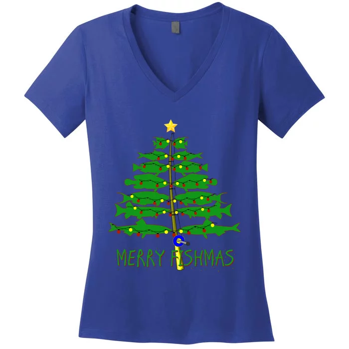 Merry Fishmas Merry Christmas Tree Fishing Funny Funny Gift Women's V-Neck T-Shirt