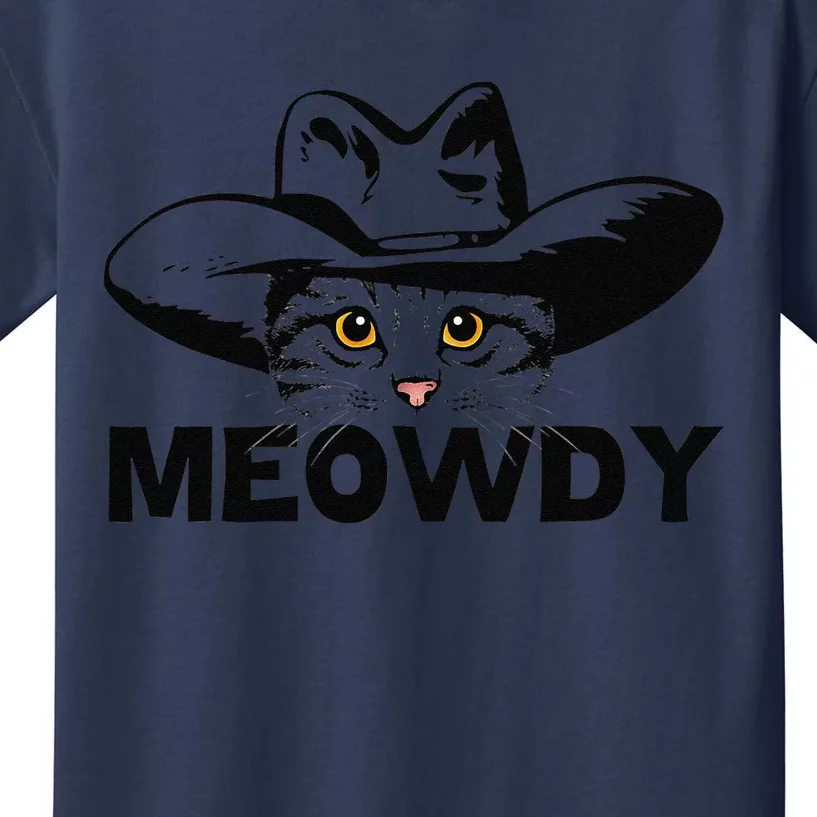 Meowdy Funny Mashup Between Meow And Howdy Cat Meme Kids T-Shirt