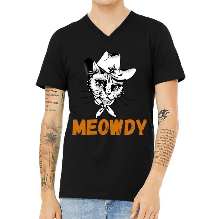 Meowdy, Funny Mashup Between Meow And Howdy, Funny Cat Meme V-Neck T-Shirt