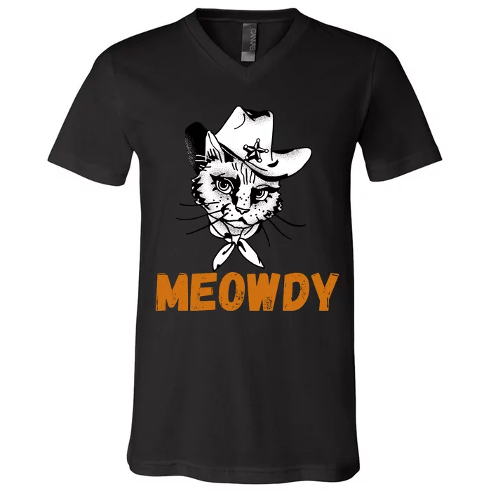 Meowdy, Funny Mashup Between Meow And Howdy, Funny Cat Meme V-Neck T-Shirt