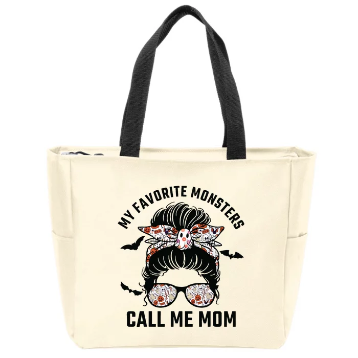 My Favorite Monsters Call Me Mom Messy Bun Mom Halloween Zip Tote Bag