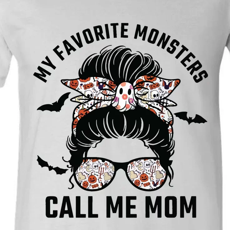 My Favorite Monsters Call Me Mom Messy Bun Mom Halloween V-Neck T-Shirt