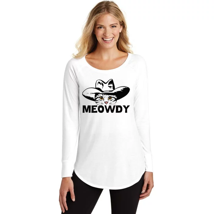 Meowdy Funny Mashup Between Meow And Howdy Cat Meme Women's Perfect Tri Tunic Long Sleeve Shirt