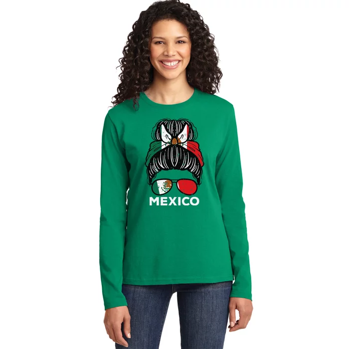 Mexico Flag Mexican Girl Hairbun Football Soccer Fan Women Ladies Long Sleeve Shirt