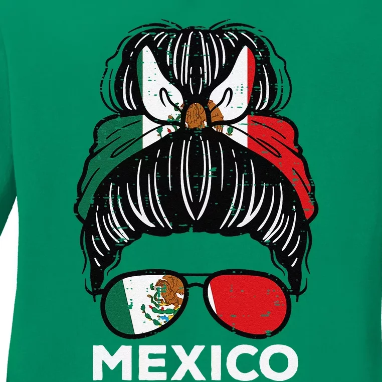 Mexico Flag Mexican Girl Hairbun Football Soccer Fan Women Ladies Long Sleeve Shirt