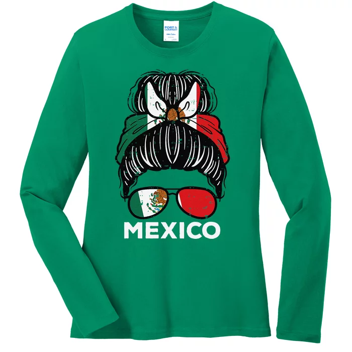 Mexico Flag Mexican Girl Hairbun Football Soccer Fan Women Ladies Long Sleeve Shirt