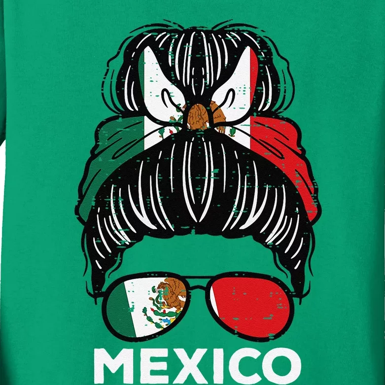 Mexico Flag Mexican Girl Hairbun Football Soccer Fan Women Kids Long Sleeve Shirt