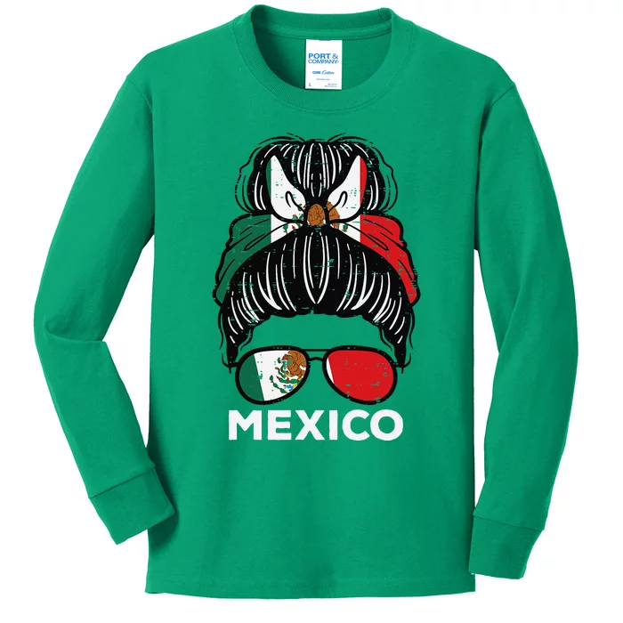 Mexico Flag Mexican Girl Hairbun Football Soccer Fan Women Kids Long Sleeve Shirt