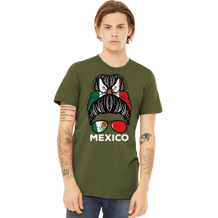 Mexico Flag Mexican Girl Hairbun Football Soccer Fan Women Premium T-Shirt