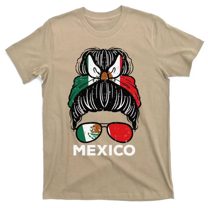 Mexico Flag Mexican Girl Hairbun Football Soccer Fan Women T-Shirt