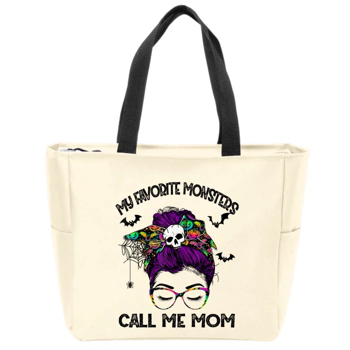 My Favorite Monsters Call Me Mom Messy Bun Happy Halloween Zip Tote Bag