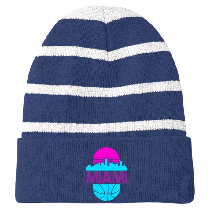 Miami Florida Neon Retro Logo Striped Beanie with Solid Band