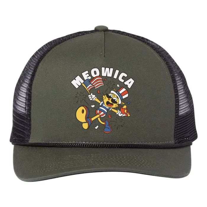 Meowica Fourth Of July Funny Cat Retro Rope Trucker Hat Cap