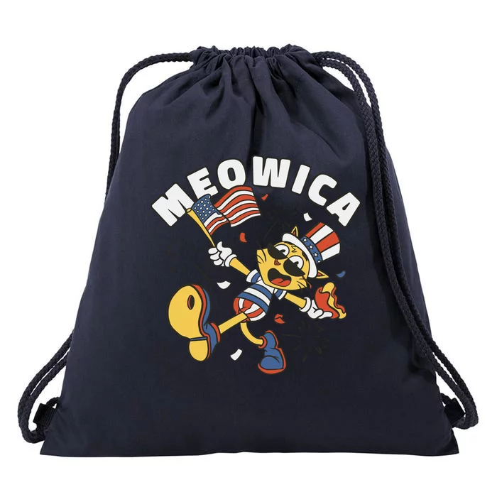 Meowica Fourth Of July Funny Cat Drawstring Bag