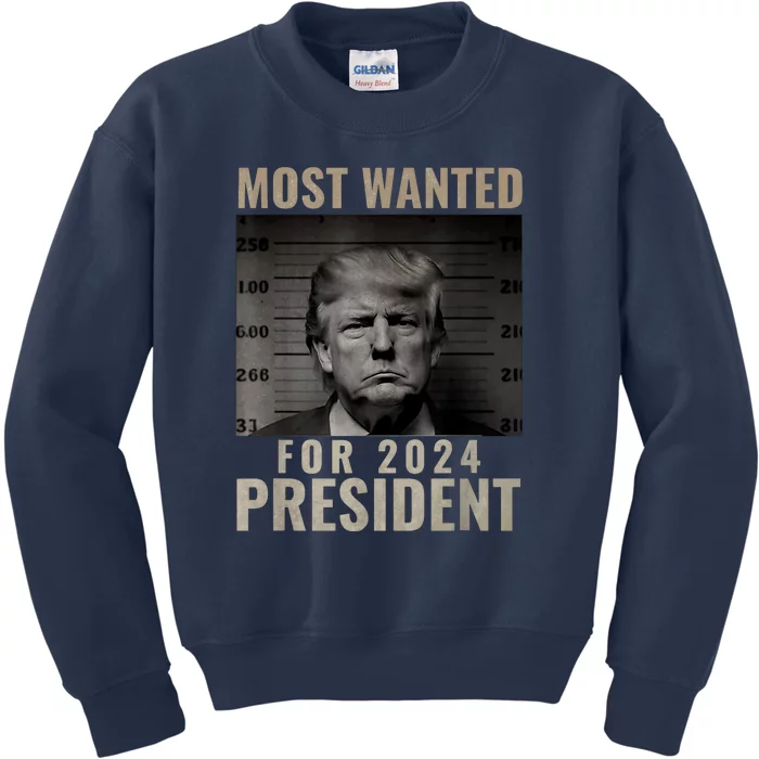 Mugshot For President Most Wanted Funny Trump 2024 Gift Kids Sweatshirt