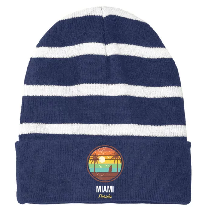 Miami Florida Retro Vintage Sunset Striped Beanie with Solid Band