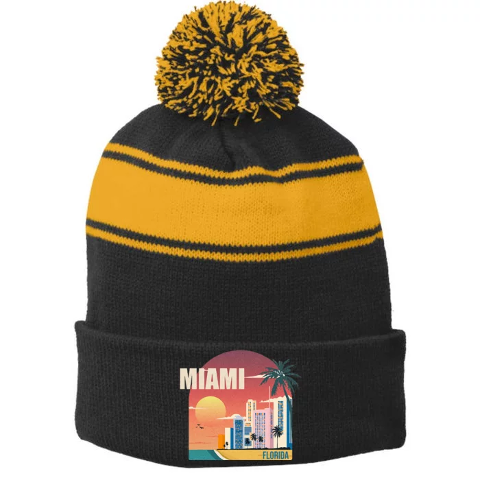 Miami Florida Retro Stripe Pom Pom Beanie