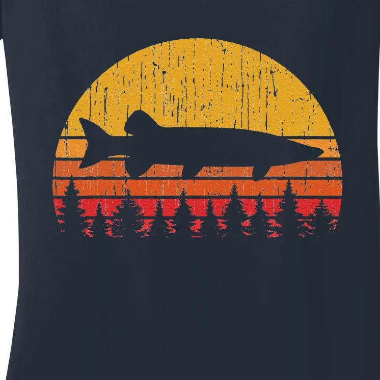 Muskie Fishing Retro Musky Fisherman Treeline Sunset Women's V-Neck T-Shirt