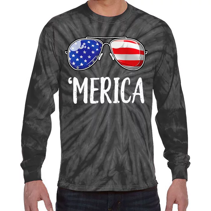 Merica Flag Sunglasses Patriotic 4th of July Tie-Dye Long Sleeve Shirt