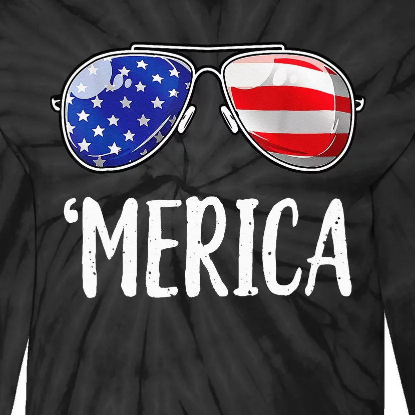 Merica Flag Sunglasses Patriotic 4th of July Tie-Dye Long Sleeve Shirt