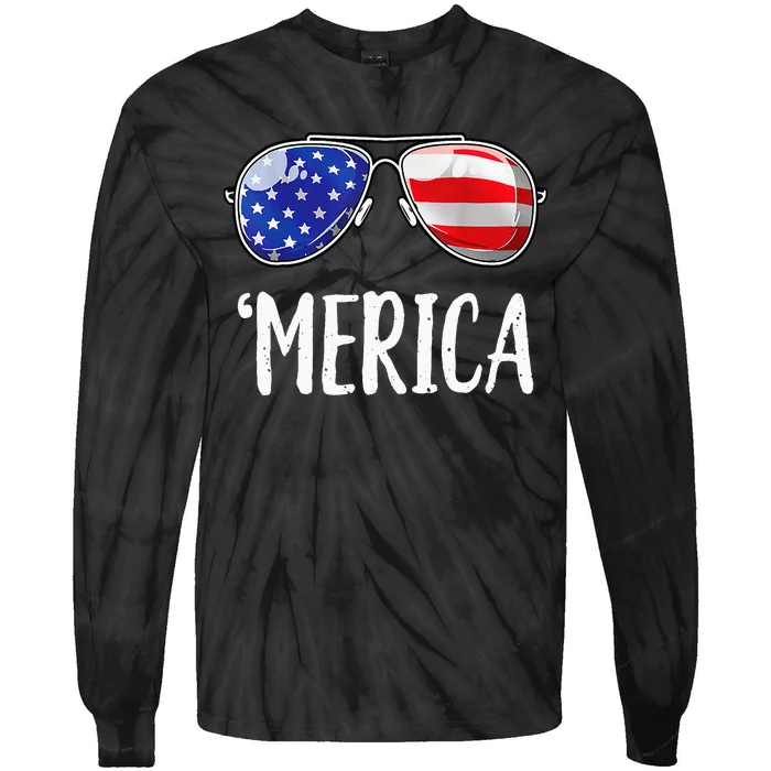 Merica Flag Sunglasses Patriotic 4th of July Tie-Dye Long Sleeve Shirt