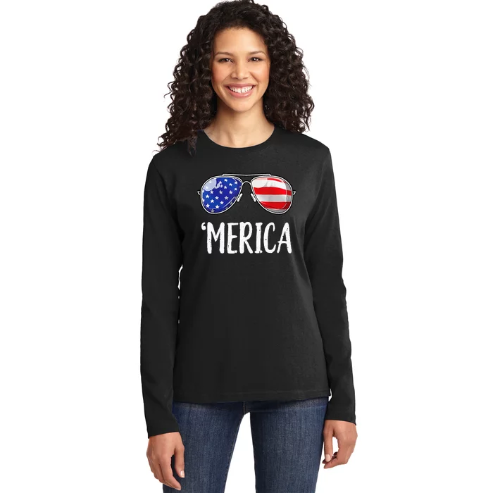 Merica Flag Sunglasses Patriotic 4th of July Ladies Long Sleeve Shirt