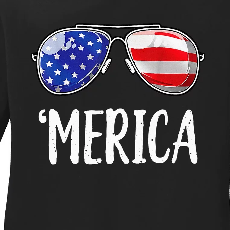 Merica Flag Sunglasses Patriotic 4th of July Ladies Long Sleeve Shirt