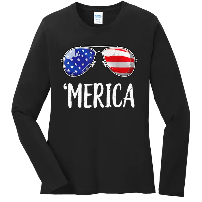 Merica Flag Sunglasses Patriotic 4th of July Ladies Long Sleeve Shirt