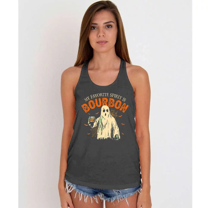 My Favorite Spirit Is Bourbon Funny Ghost Halloween Costume Women's Knotted Racerback Tank