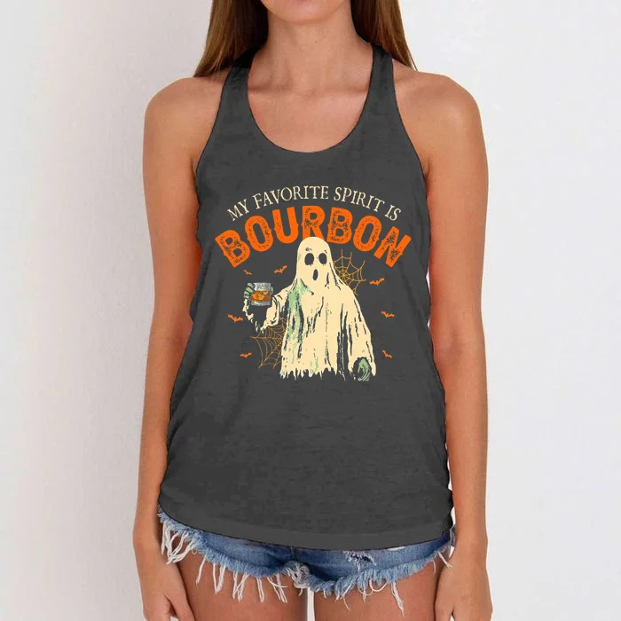 My Favorite Spirit Is Bourbon Funny Ghost Halloween Costume Women's Knotted Racerback Tank