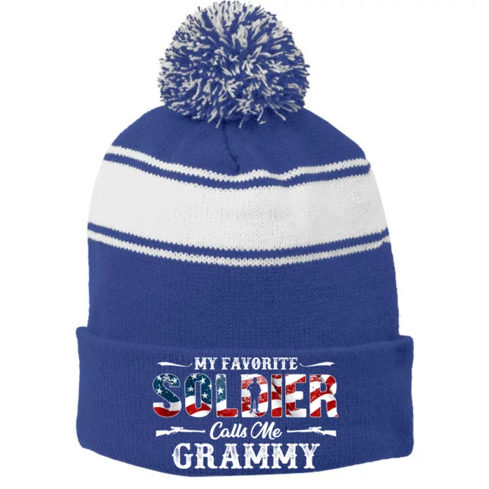 My Favorite Soldier Calls Me Grammy Gift Fathers Day Gift Stripe Pom Pom Beanie