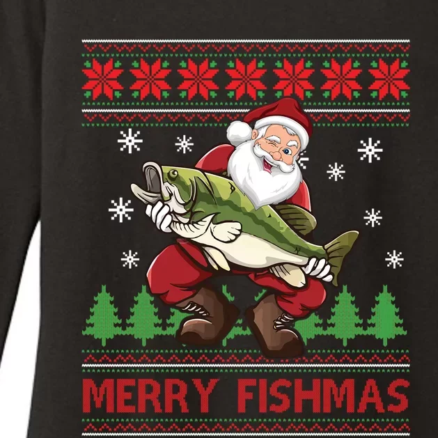 Merry Fishmas Santa Fishing Ugly Christmas Sweater Style Gift Womens CVC Long Sleeve Shirt