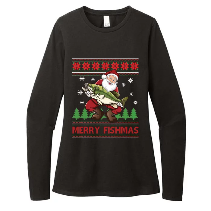 Merry Fishmas Santa Fishing Ugly Christmas Sweater Style Gift Womens CVC Long Sleeve Shirt