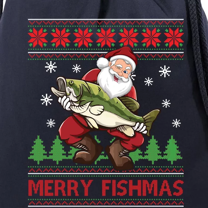 Merry Fishmas Santa Fishing Ugly Christmas Sweater Style Gift Drawstring Bag