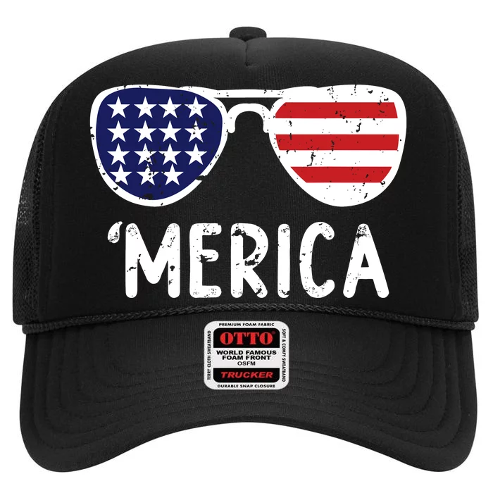 Merica Flag Sunglasses Patriotic 4th Of July High Crown Mesh Trucker Hat