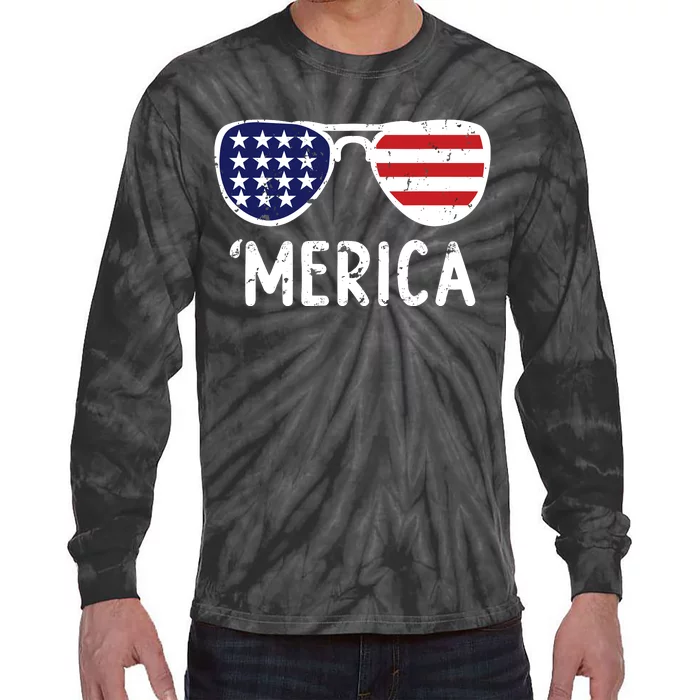 Merica Flag Sunglasses Patriotic 4th Of July Tie-Dye Long Sleeve Shirt