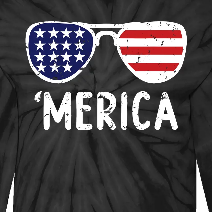 Merica Flag Sunglasses Patriotic 4th Of July Tie-Dye Long Sleeve Shirt