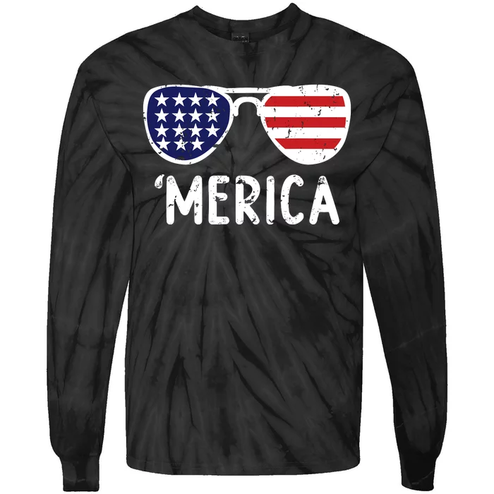 Merica Flag Sunglasses Patriotic 4th Of July Tie-Dye Long Sleeve Shirt