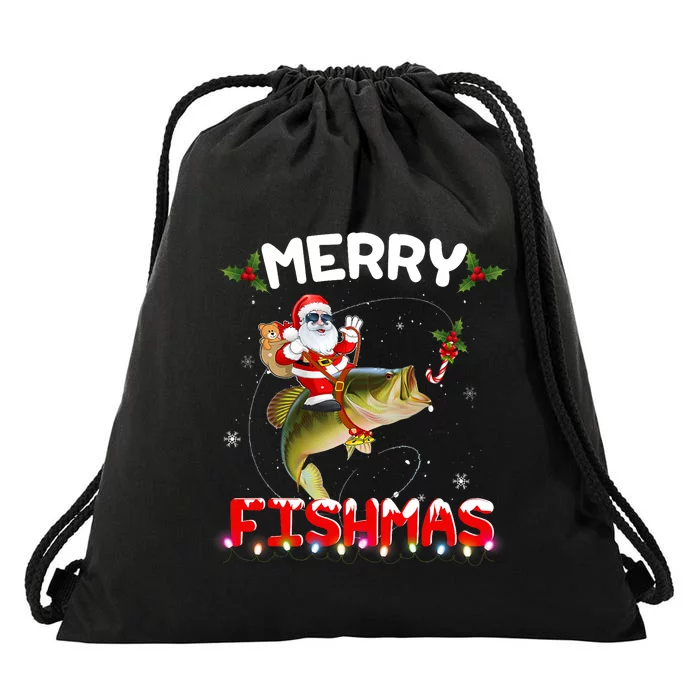 Merry Fishmas Santa Riding Fish Christmas Pjs Fishers Drawstring Bag