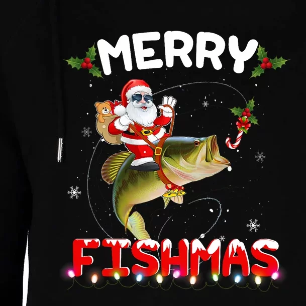 Merry Fishmas Santa Riding Fish Christmas Pjs Fishers Womens Funnel Neck Pullover Hood