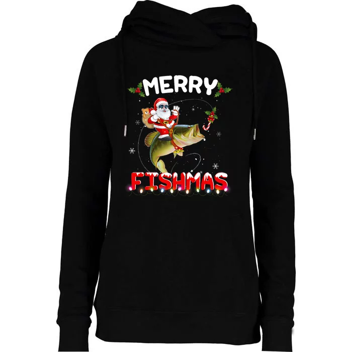 Merry Fishmas Santa Riding Fish Christmas Pjs Fishers Womens Funnel Neck Pullover Hood