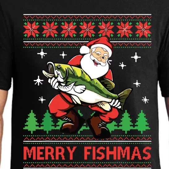 Merry Fishmas Santa Fishing Ugly Christmas Sweater Style Pajama Set