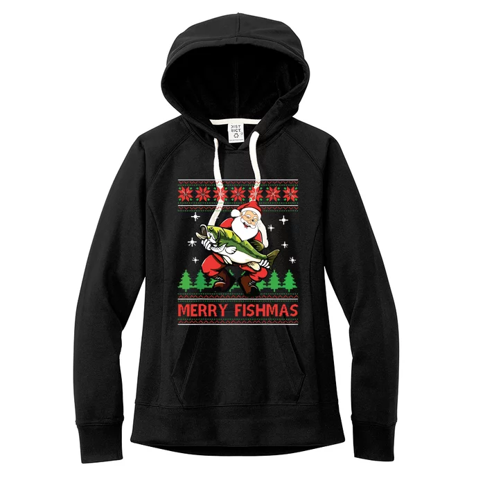 Merry Fishmas Santa Fishing Ugly Christmas Sweater Style Women's Fleece Hoodie