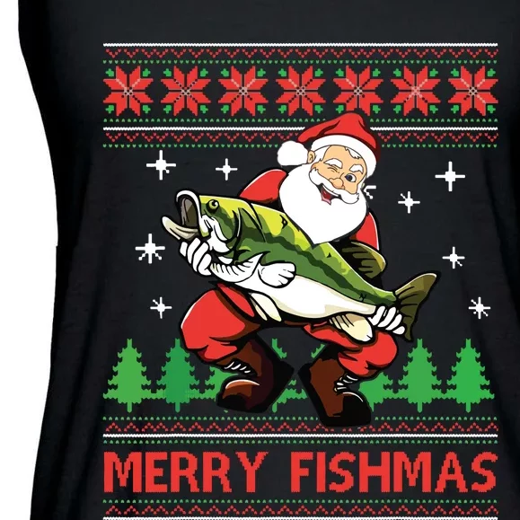 Merry Fishmas Santa Fishing Ugly Christmas Sweater Style Ladies Essential Flowy Tank