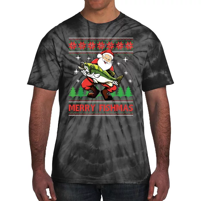 Merry Fishmas Santa Fishing Ugly Christmas Sweater Style Tie-Dye T-Shirt