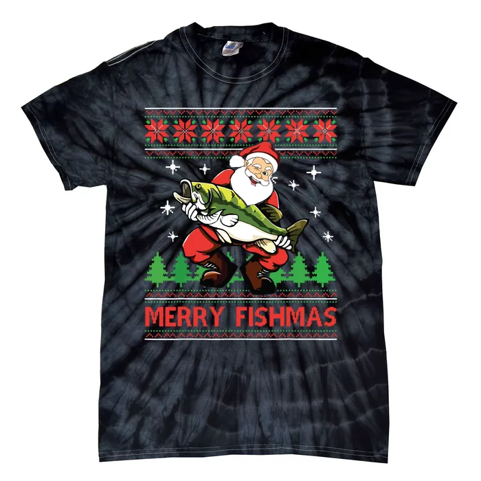 Merry Fishmas Santa Fishing Ugly Christmas Sweater Style Tie-Dye T-Shirt